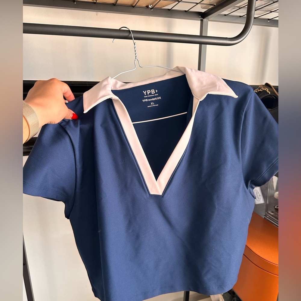YPB Navy and White Collared Top With Built in Bra